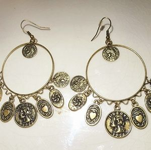 Antique russian gold tone hoops earrings with decorative coins medallions charms